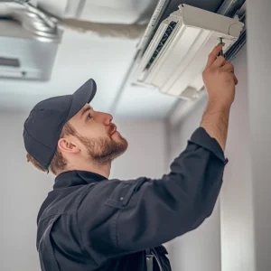 Fotografía de un técnico instalando una unidad de aire acondicionado de pared.