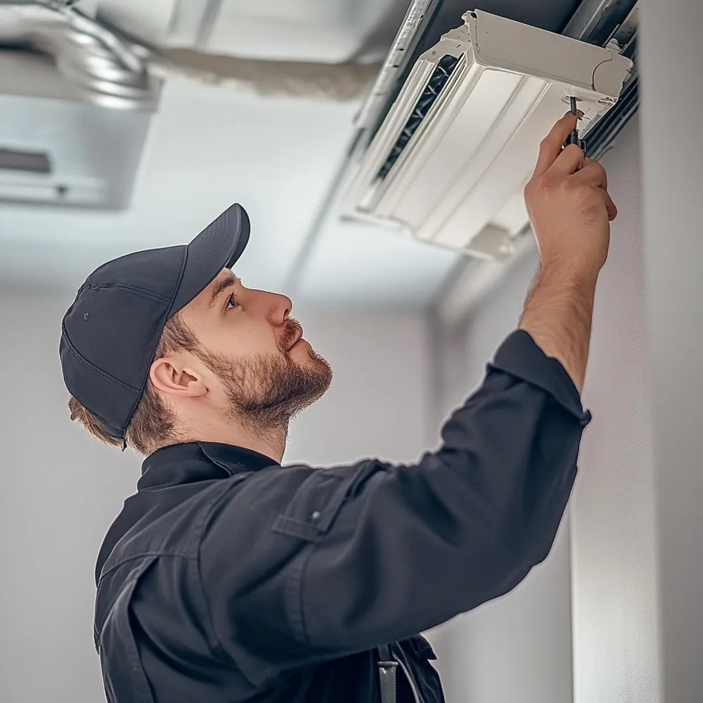 Fotografía de un técnico instalando una unidad de aire acondicionado de pared.